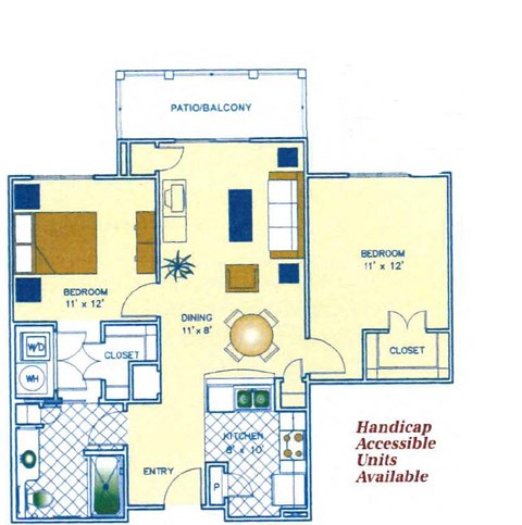 Floor plan for 2 beds, 1 bath, 996 sqft